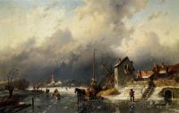 Leickert, Charles Henri Joseph - A Frozen River Landscape with a Horsedrawn Sleigh